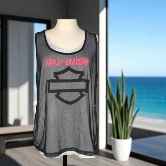 Harley Davidson Black Mesh Layered Tank Top - Picture 1 of 8